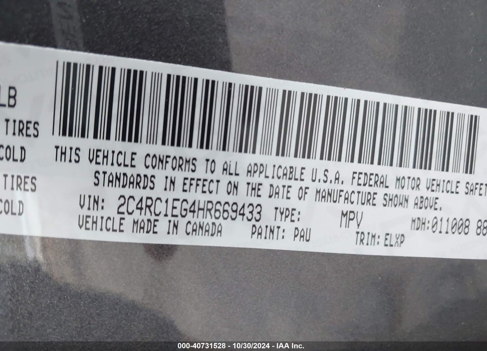 2017 CHRYSLER PACIFICA TOURING L PLUS VIN: 2C4RC1EG4HR669433