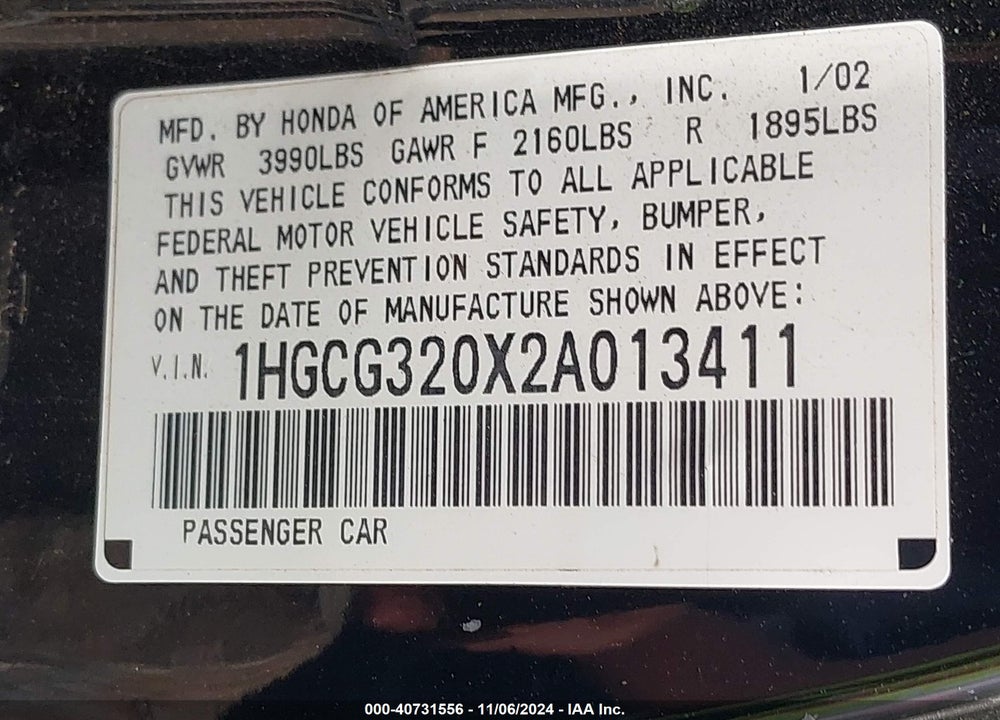 2002 HONDA ACCORD 2.3 SE VIN: 1HGCG320X2A013411