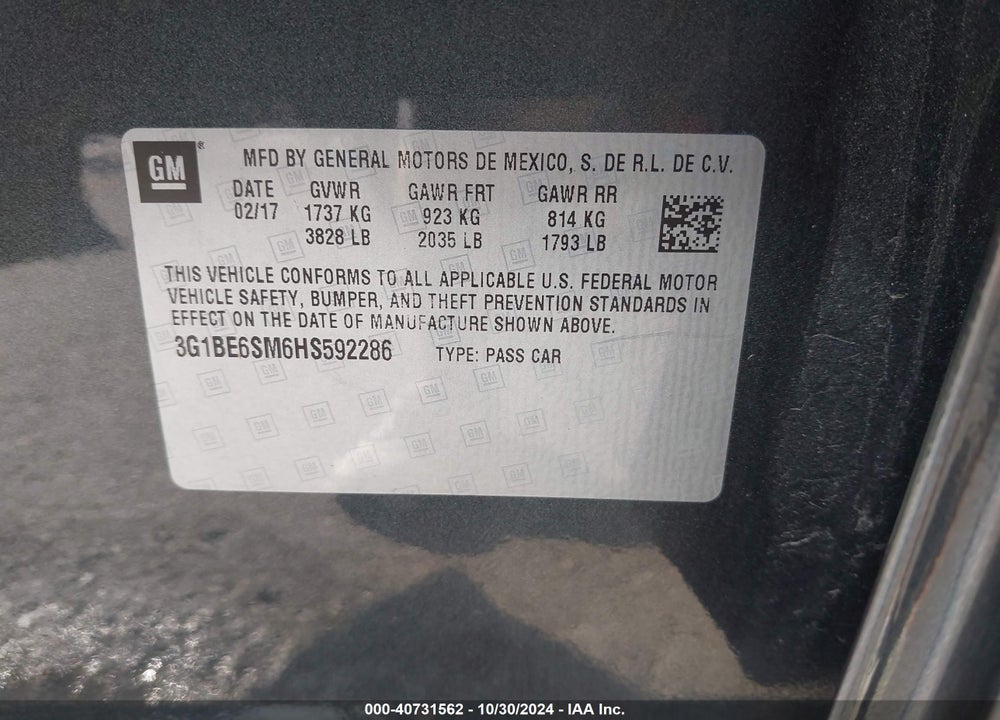 2017 CHEVROLET CRUZE LT AUTO VIN: 3G1BE6SM6HS592286