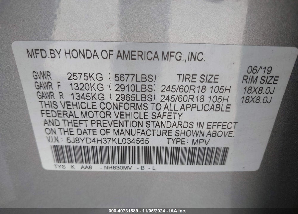 2019 ACURA MDX STANDARD VIN: 5J8YD4H37KL034565