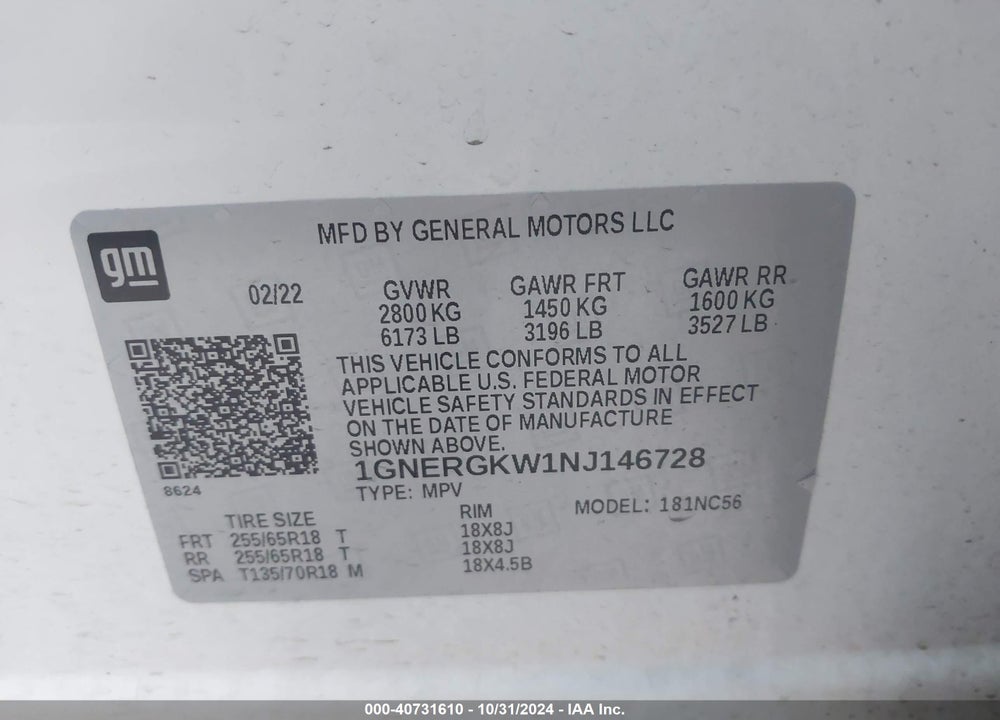 2022 CHEVROLET TRAVERSE FWD LT CLOTH VIN: 1GNERGKW1NJ146728