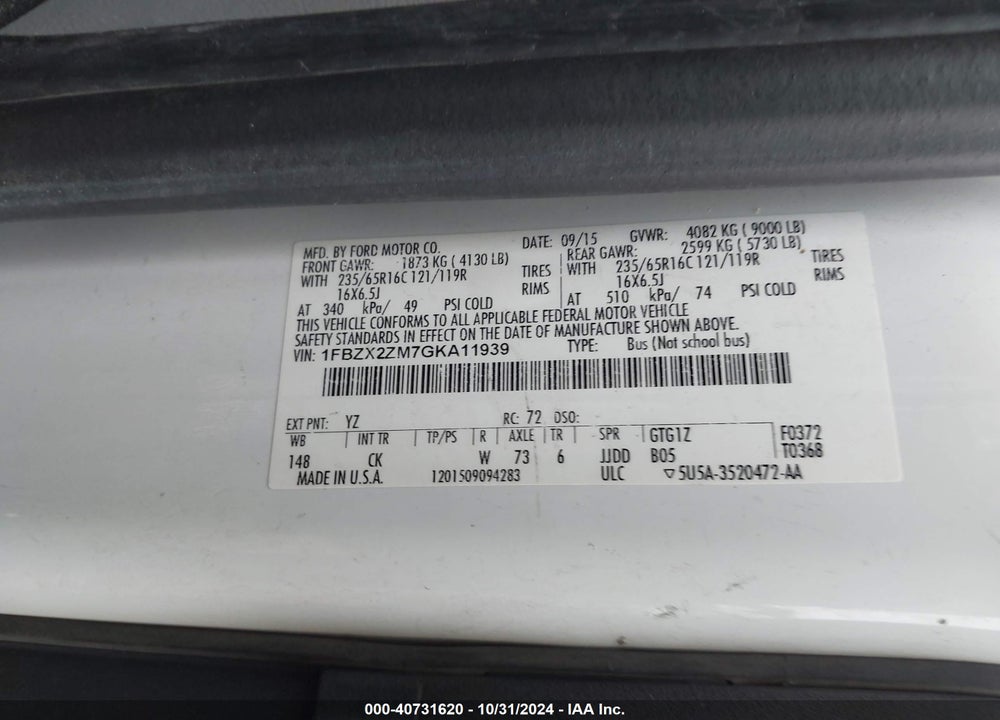 2016 FORD TRANSIT-350 XLT VIN: 1FBZX2ZM7GKA11939