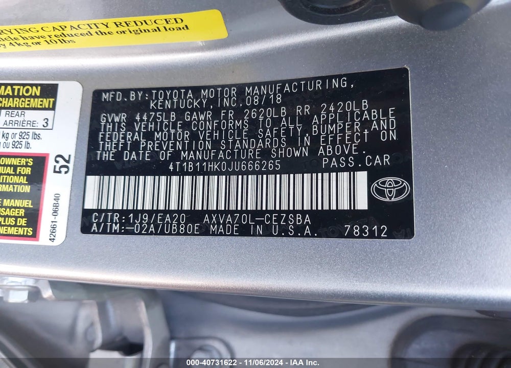 2018 TOYOTA CAMRY SE VIN: 4T1B11HK0JU666265