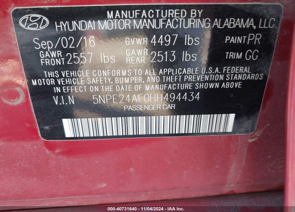 2017 HYUNDAI SONATA VIN: 5NPE24AF0HH494434