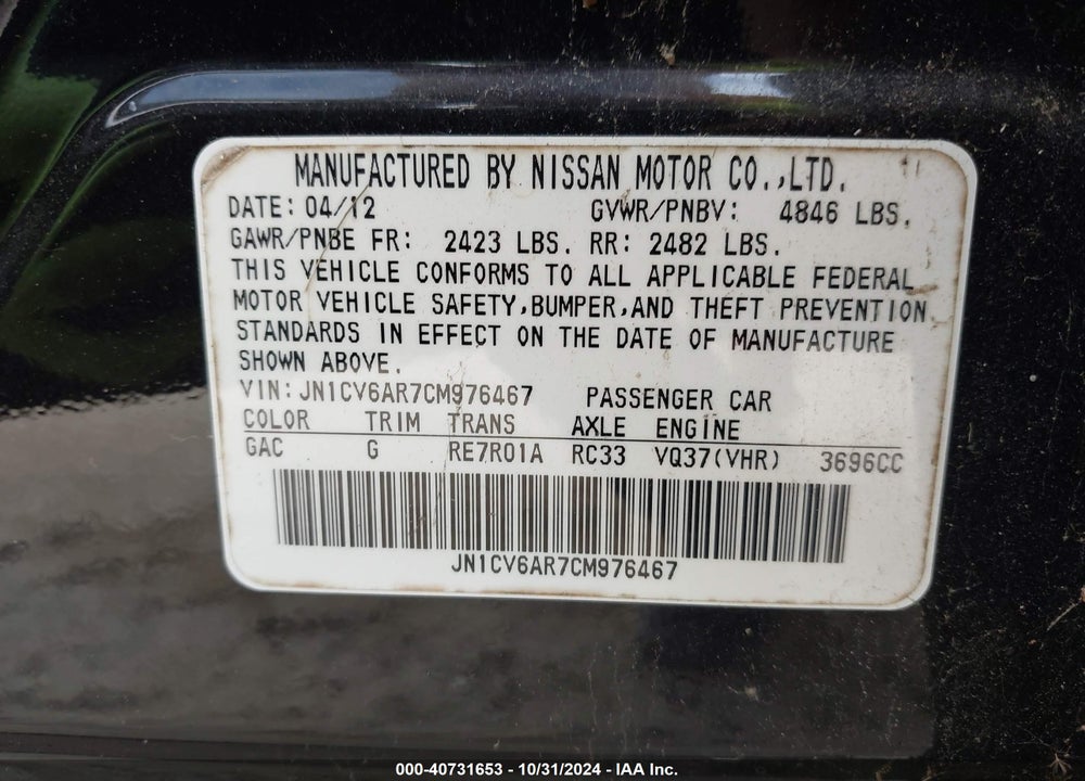 2012 INFINITI G37X VIN: JN1CV6AR7CM976467