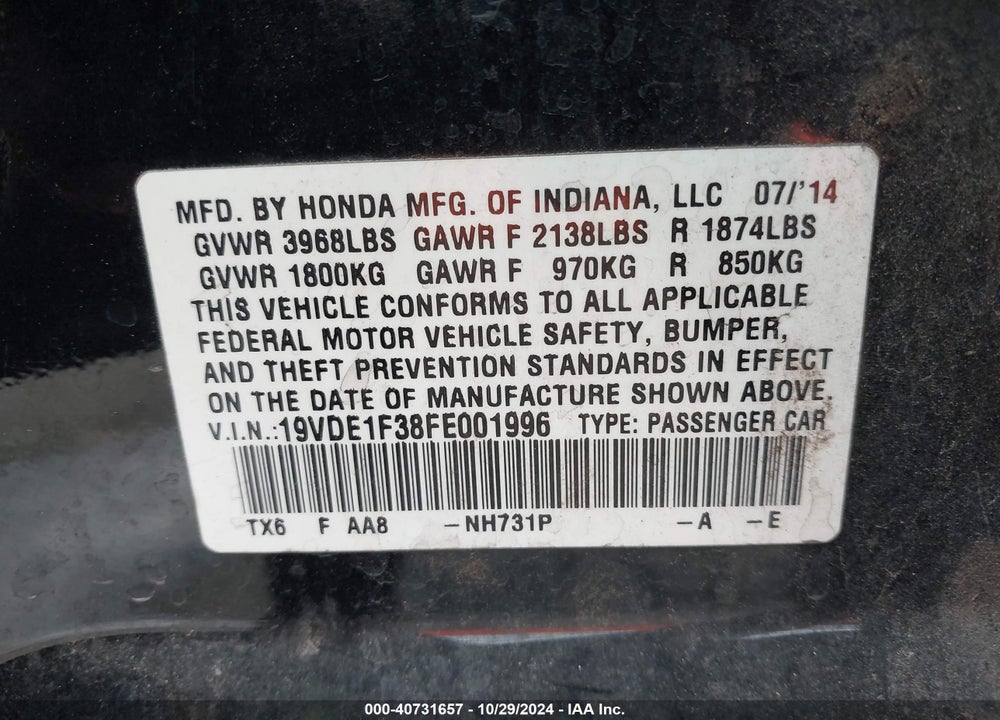 2015 ACURA ILX 2.0L VIN: 19VDE1F38FE001996