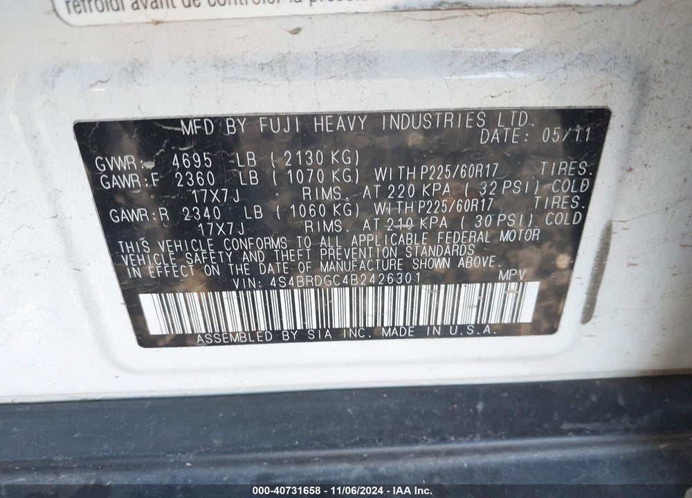 2011 SUBARU OUTBACK 3.6R PREMIUM VIN: 4S4BRDGC4B2426301