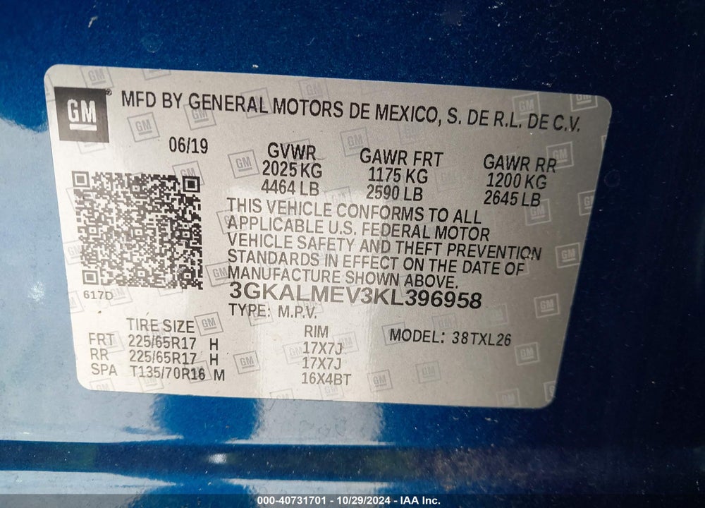 2019 GMC TERRAIN SLE VIN: 3GKALMEV3KL396958