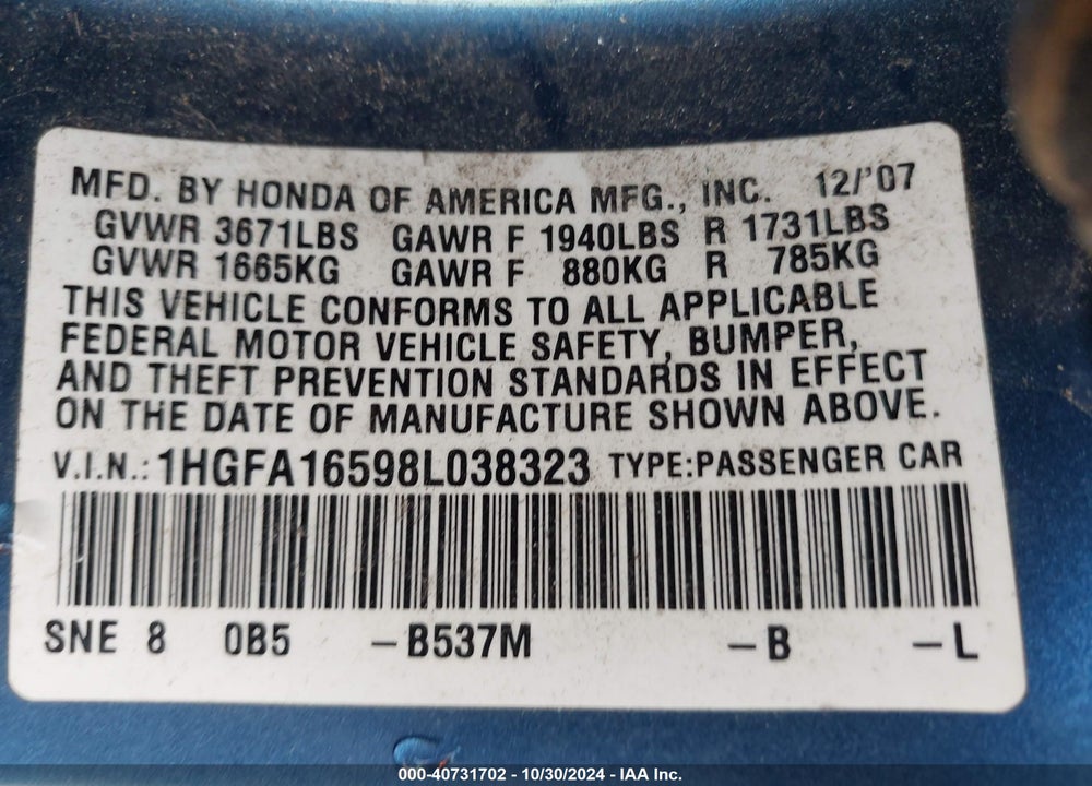 2008 HONDA CIVIC LX VIN: 1HGFA16598L038323