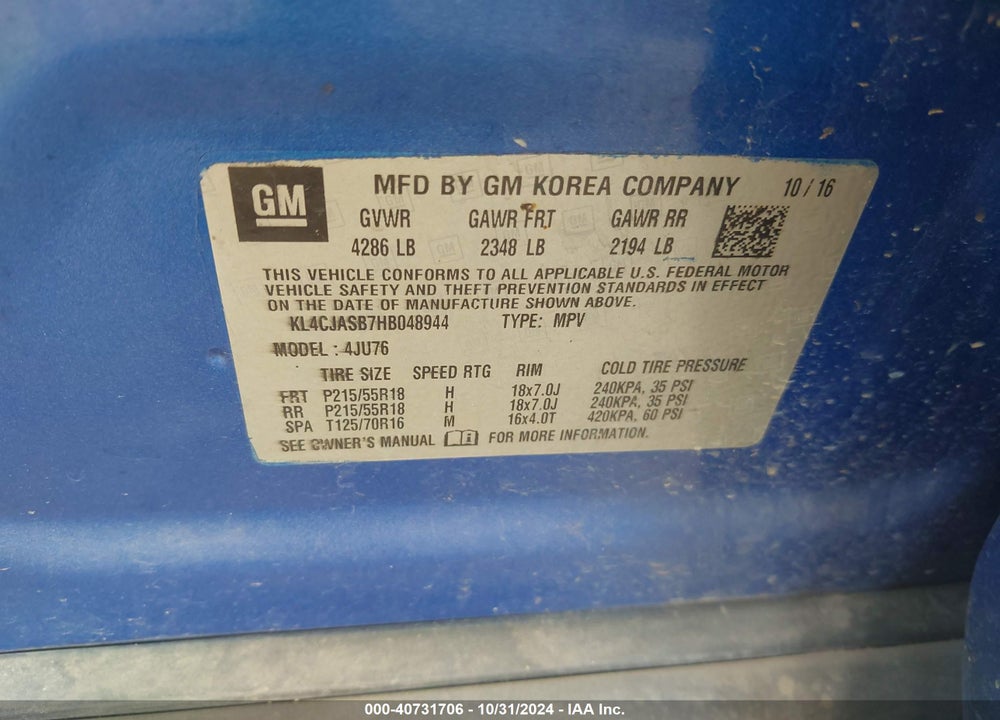 2017 BUICK ENCORE PREFERRED VIN: KL4CJASB7HB048944