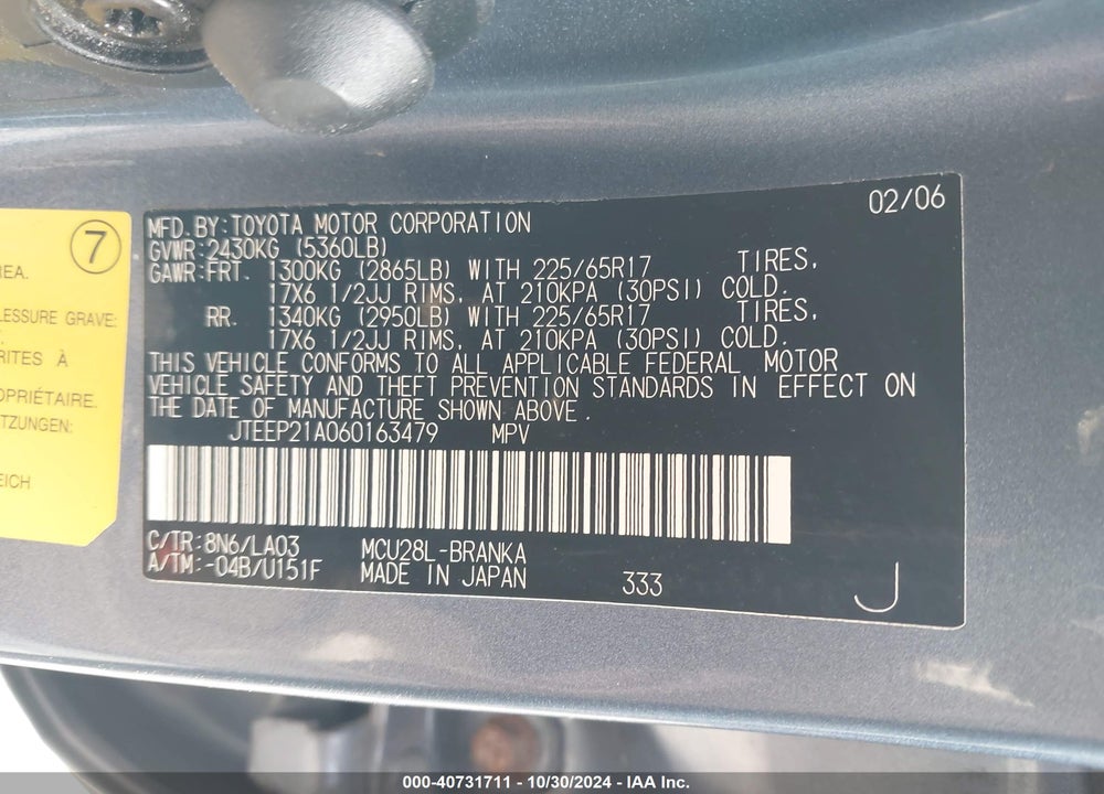 2006 TOYOTA HIGHLANDER LIMITED V6 VIN: JTEEP21A060163479