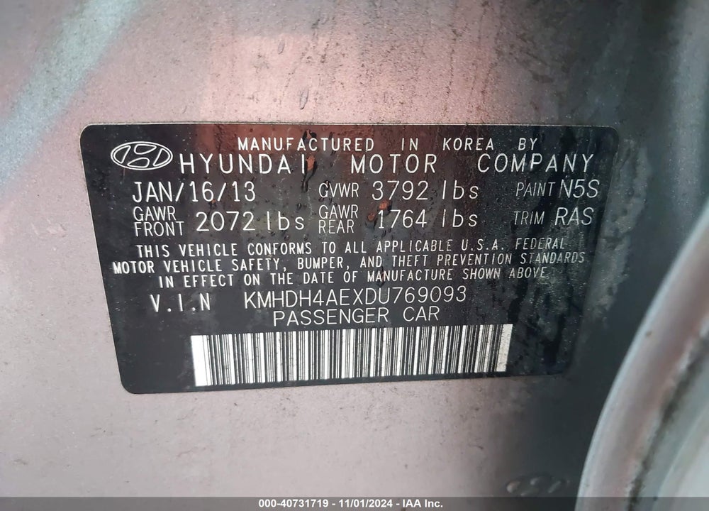 2013 HYUNDAI ELANTRA LIMITED VIN: KMHDH4AEXDU769093