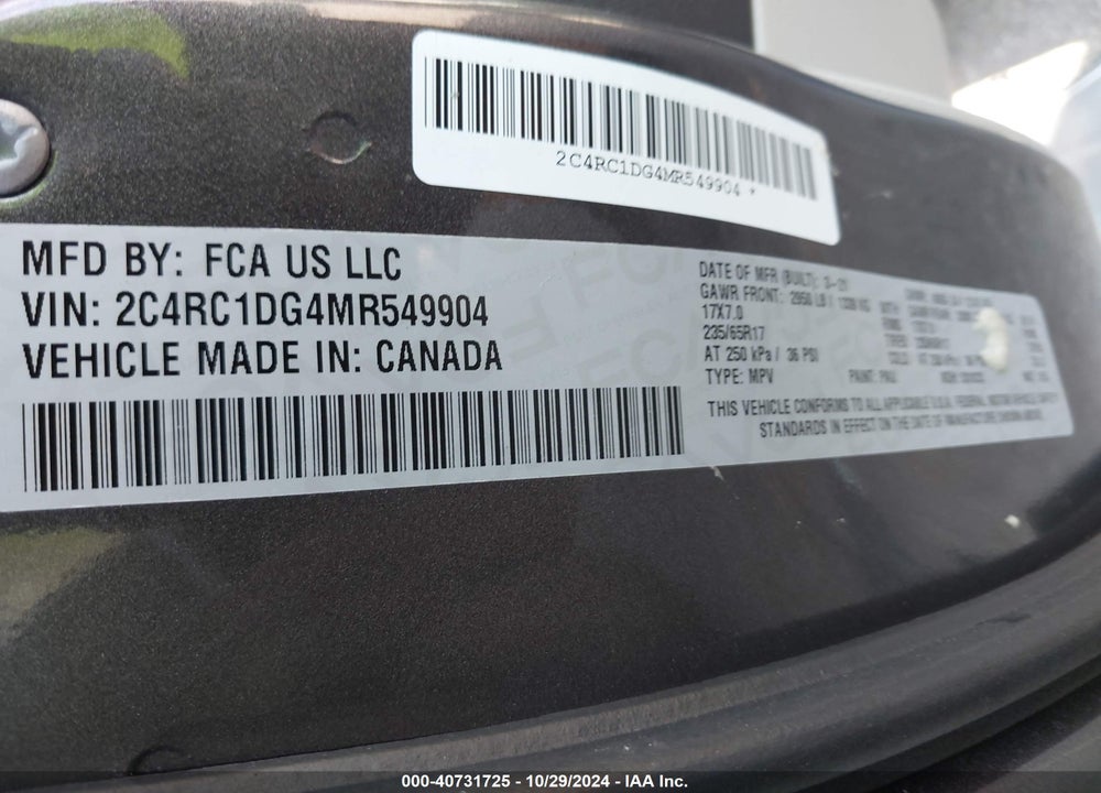 2021 CHRYSLER VOYAGER LXI VIN: 2C4RC1DG4MR549904