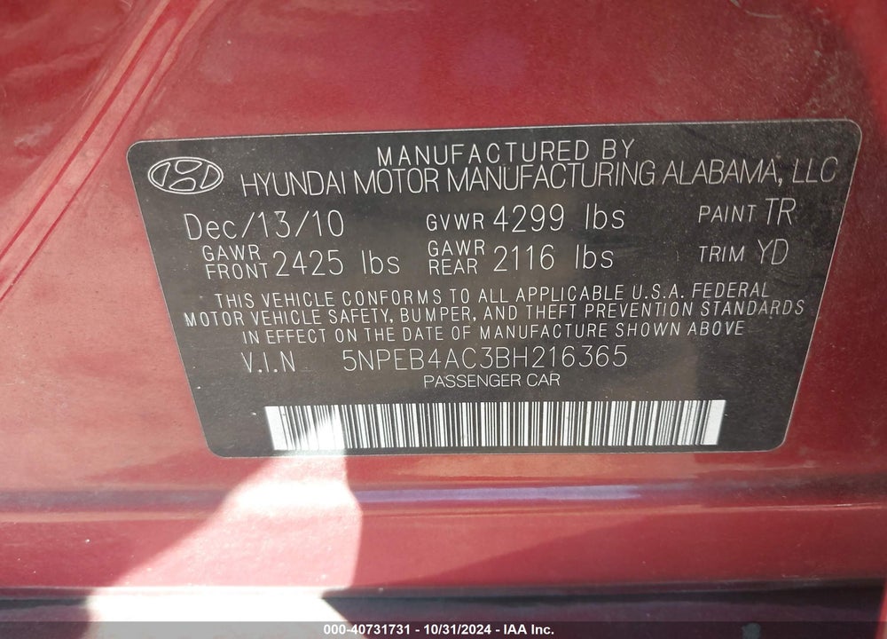 2011 HYUNDAI SONATA GLS VIN: 5NPEB4AC3BH216365