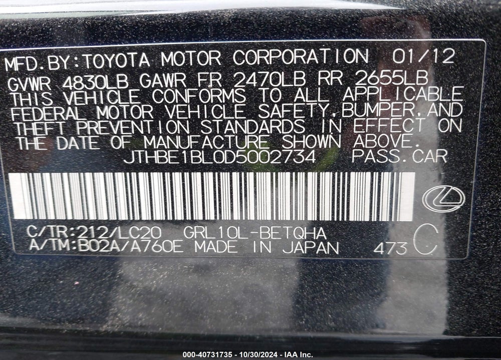 2013 LEXUS GS VIN: JTHBE1BL0D5002734