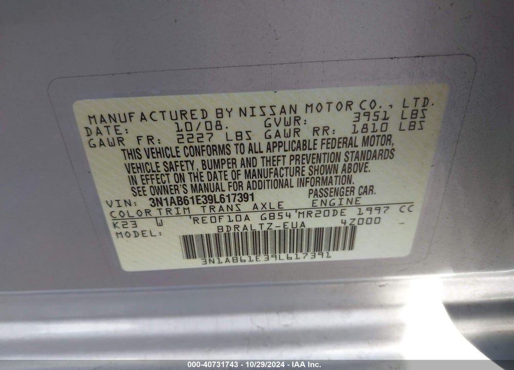 2009 NISSAN SENTRA 2.0S VIN: 3N1AB61E39L617391