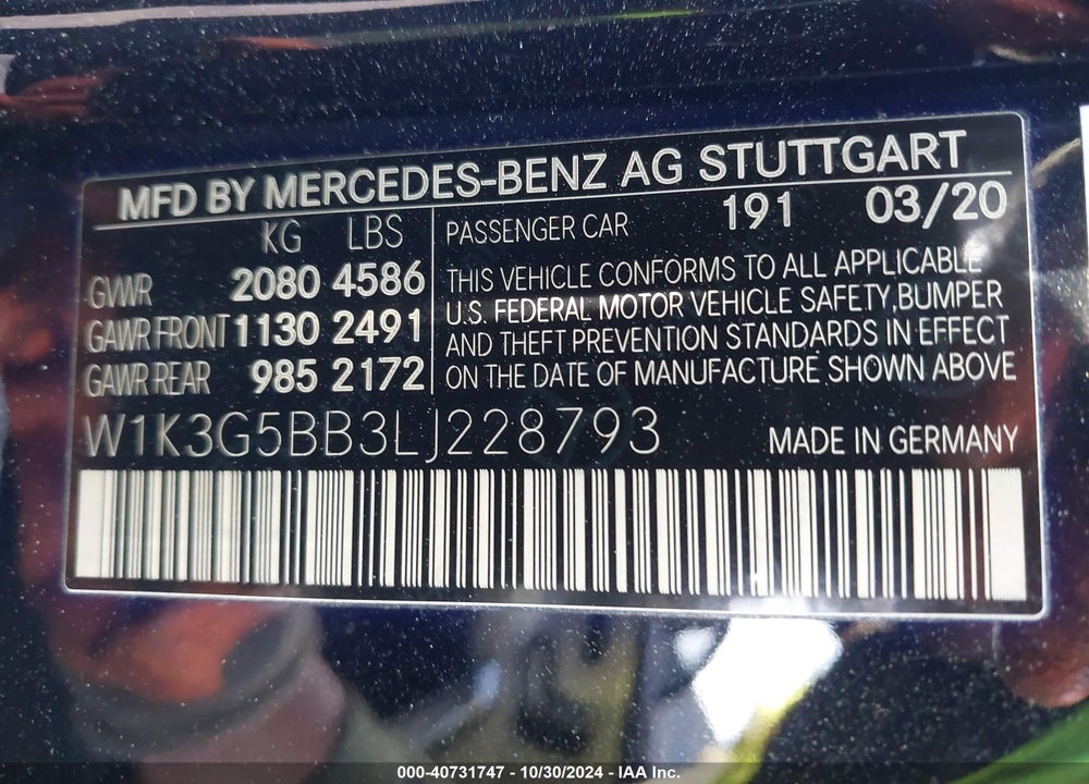 2020 MERCEDES-BENZ AMG A 35 4MATIC VIN: W1K3G5BB3LJ228793