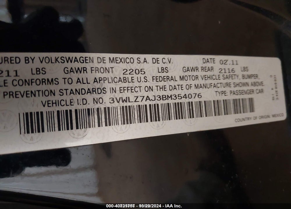 2011 VOLKSWAGEN JETTA 2.5L SEL VIN: 3VWLZ7AJ3BM354076