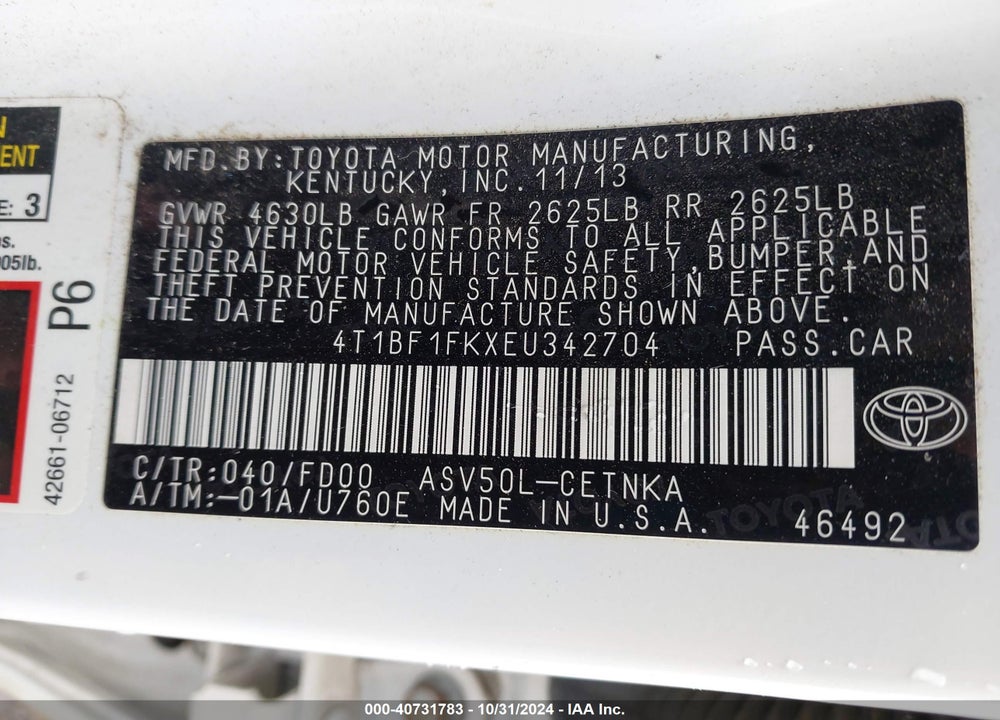 2014 TOYOTA CAMRY LE VIN: 4T1BF1FKXEU342704