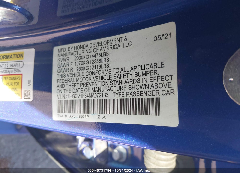 2021 HONDA ACCORD SPORT VIN: 1HGCV1F34MA072133