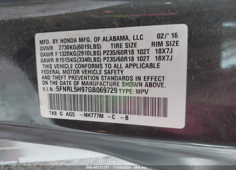 2016 HONDA ODYSSEY TOURING/TOURING ELITE VIN: 5FNRL5H97GB069729