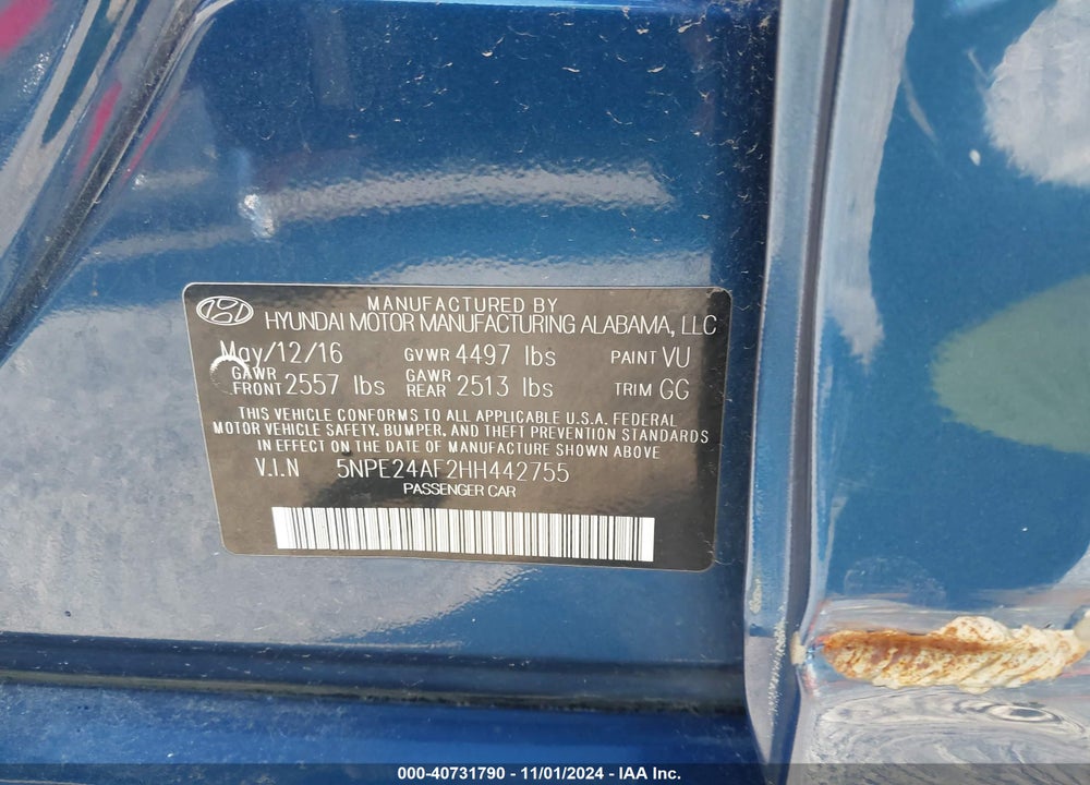 2017 HYUNDAI SONATA VIN: 5NPE24AF2HH442755