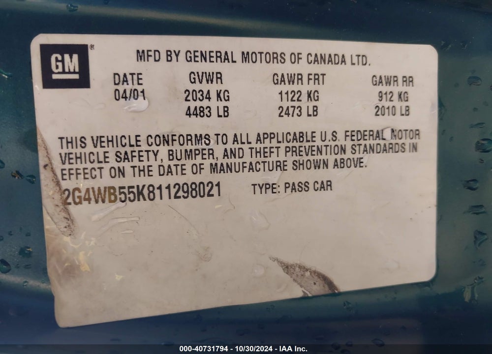 2001 BUICK REGAL LS VIN: 2G4WB55K811298021
