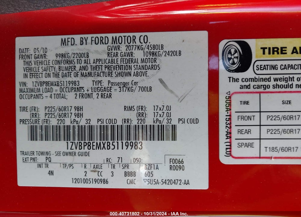 2011 FORD MUSTANG V6 PREMIUM VIN: 1ZVBP8EMXB5119983