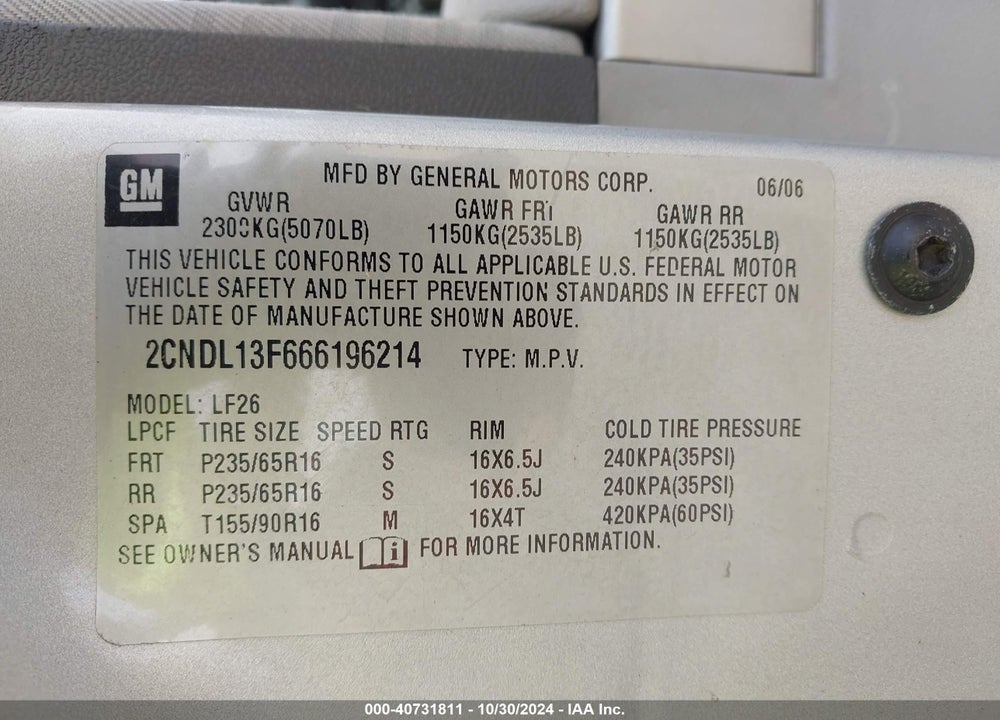 2006 CHEVROLET EQUINOX LS VIN: 2CNDL13F666196214
