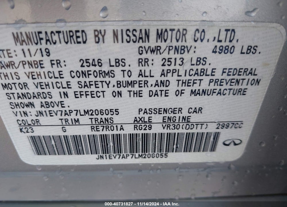 2020 INFINITI Q50 LUXE VIN: JN1EV7AP7LM206055