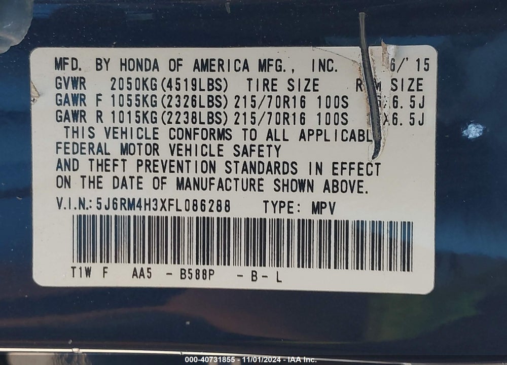 2015 HONDA CR-V LX VIN: 5J6RM4H3XFL086288