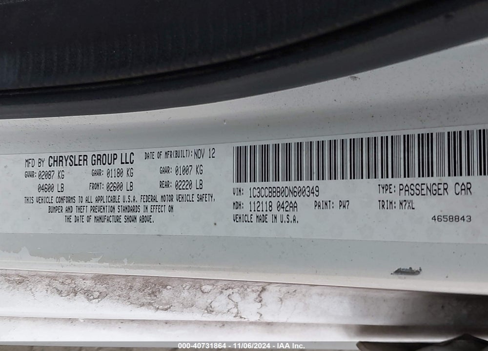 2013 CHRYSLER 200 TOURING VIN: 1C3CCBBB0DN600349