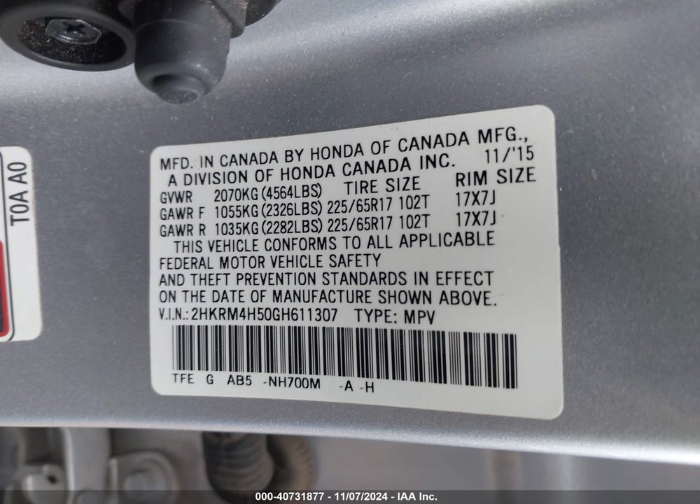 2016 HONDA CR-V EX VIN: 2HKRM4H50GH611307