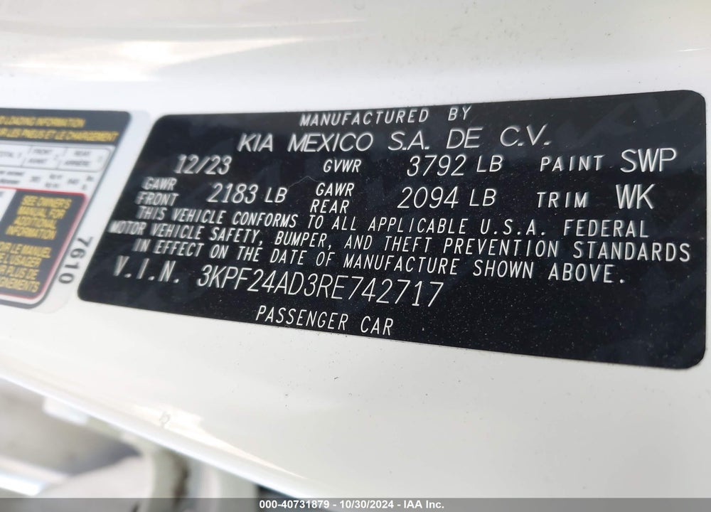 2024 KIA FORTE LXS VIN: 3KPF24AD3RE742717