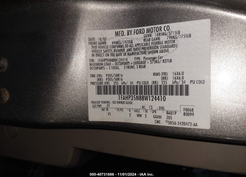 2008 FORD FOCUS SE/SES VIN: 1FAHP35N88W124410