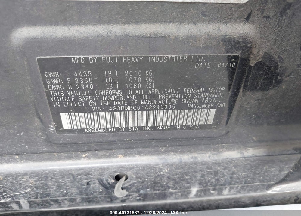 2010 SUBARU LEGACY VIN: 4S3BMBC61A3246905