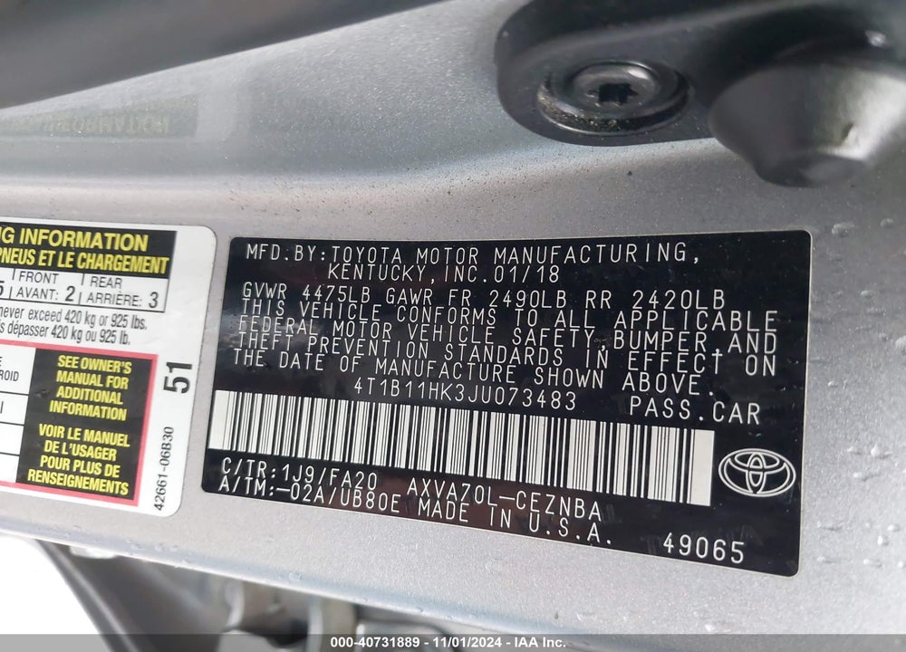 2018 TOYOTA CAMRY LE VIN: 4T1B11HK3JU073483