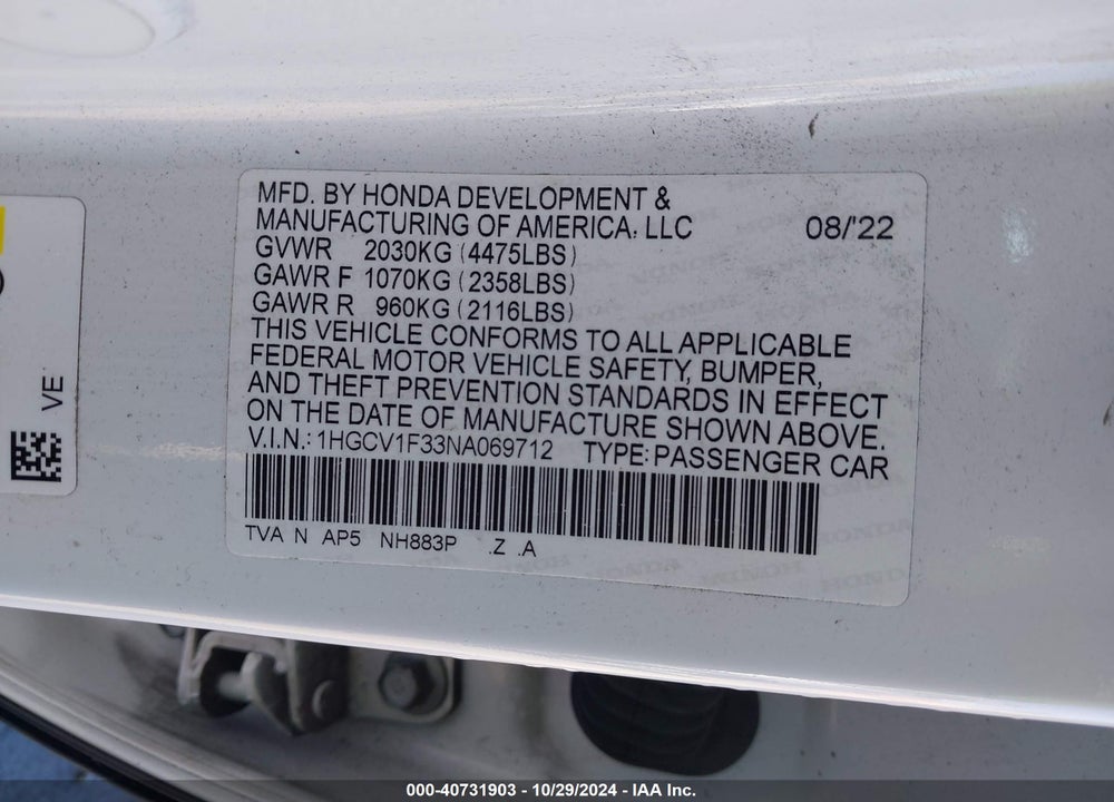 2022 HONDA ACCORD VIN: 1HGCV1F33NA069712