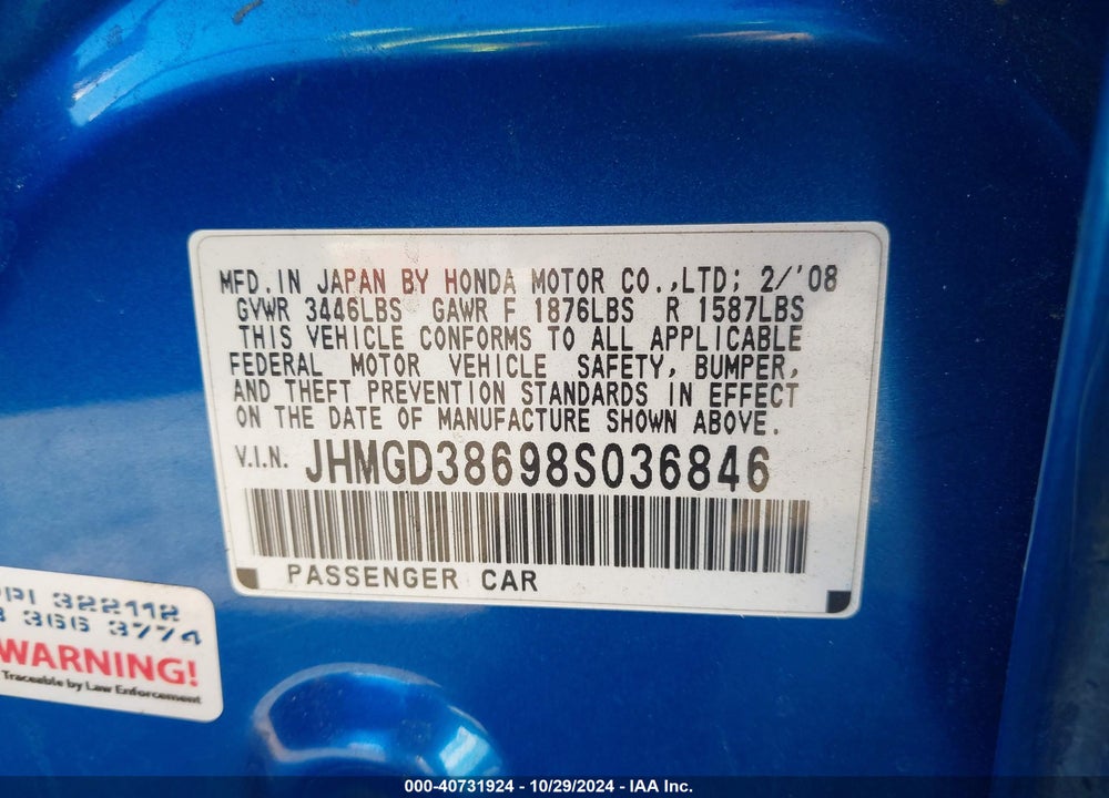 2008 HONDA FIT SPORT VIN: JHMGD38698S036846