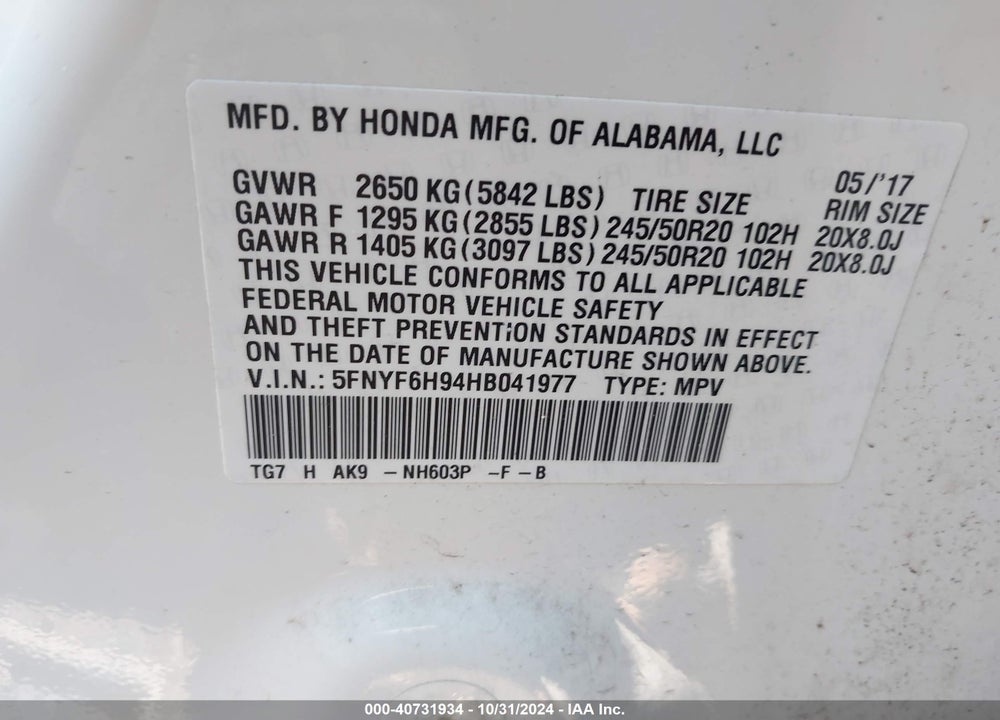 2017 HONDA PILOT TOURING VIN: 5FNYF6H94HB041977