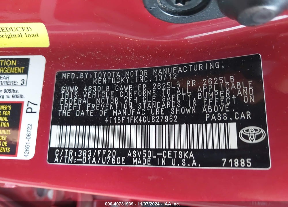 2012 TOYOTA CAMRY SE VIN: 4T1BF1FK4CU627962