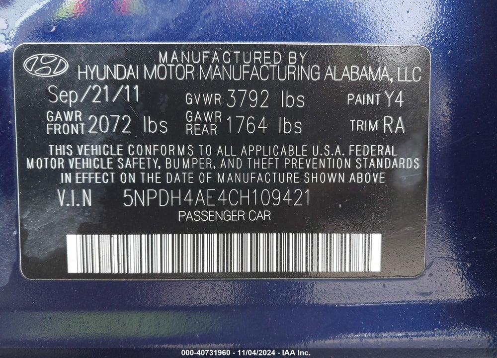 2012 HYUNDAI ELANTRA GLS VIN: 5NPDH4AE4CH109421