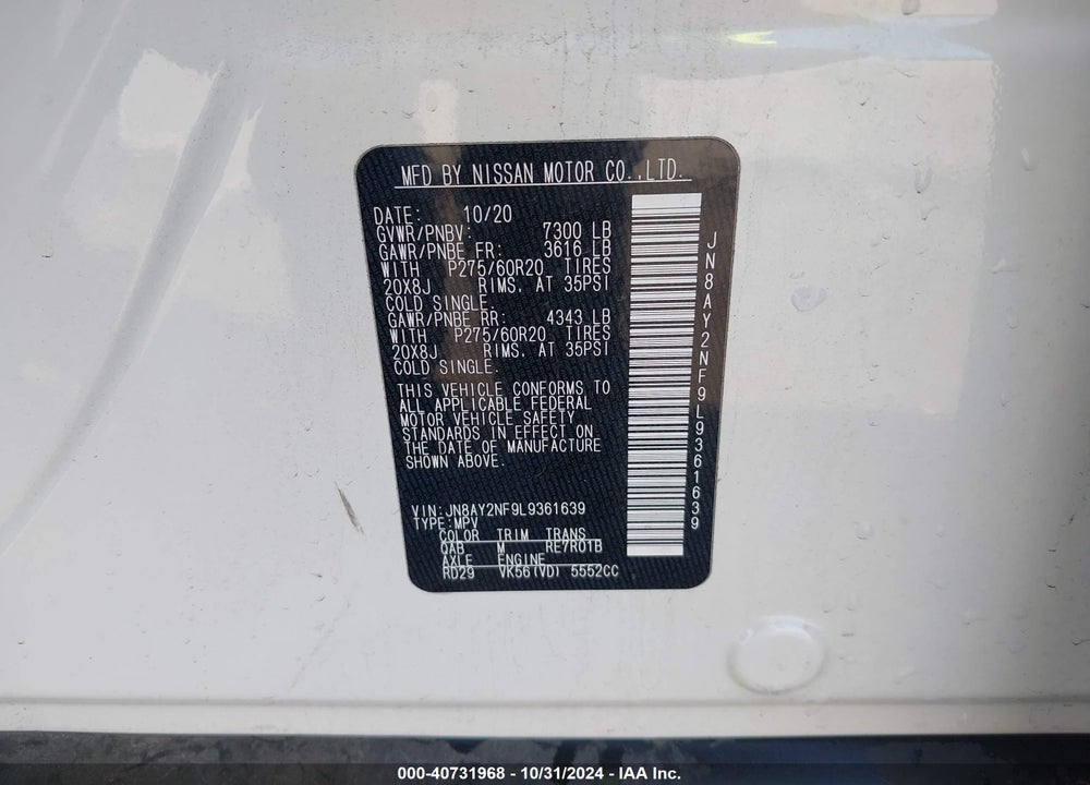 2020 NISSAN ARMADA PLATINUM 2WD VIN: JN8AY2NF9L9361639