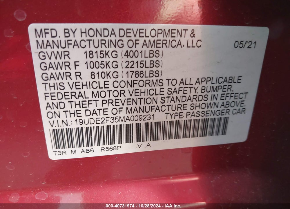 2021 ACURA ILX STANDARD VIN: 19UDE2F35MA009231