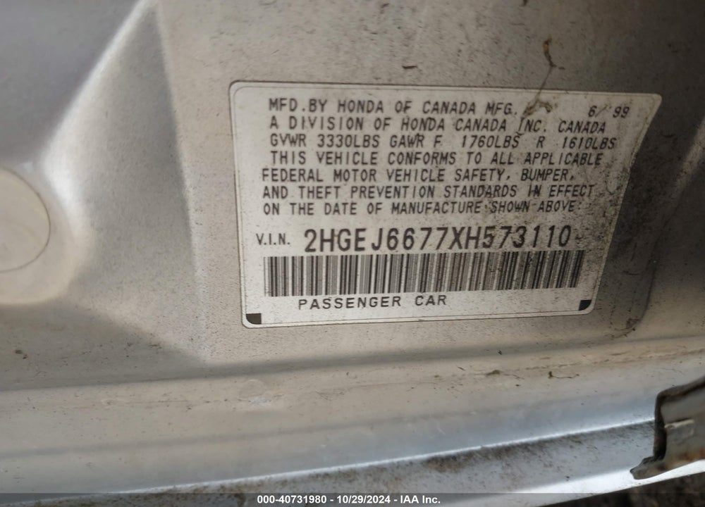 1999 HONDA CIVIC LX VIN: 2HGEJ6677XH573110