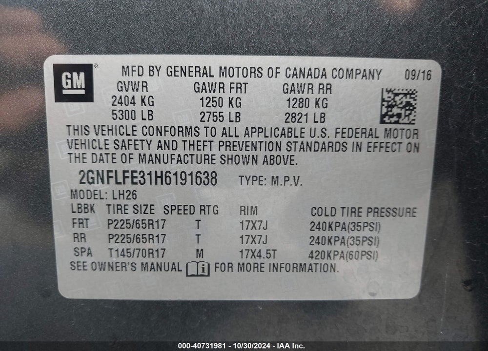 2017 CHEVROLET EQUINOX LT VIN: 2GNFLFE31H6191638