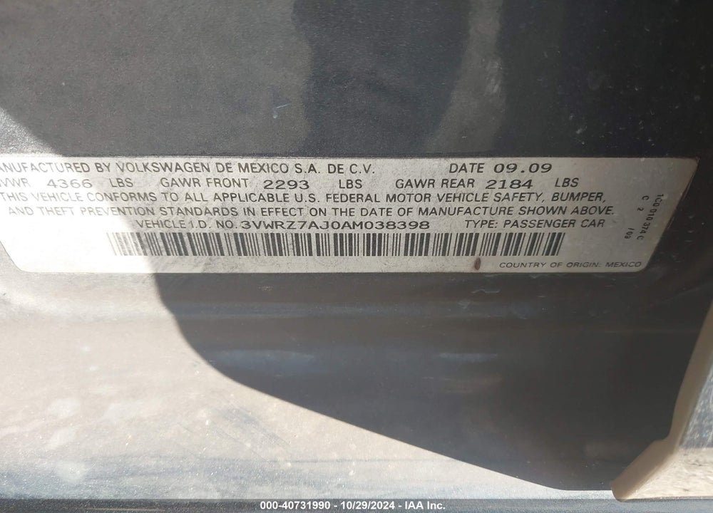 2010 VOLKSWAGEN JETTA SE VIN: 3VWRZ7AJ0AM038398