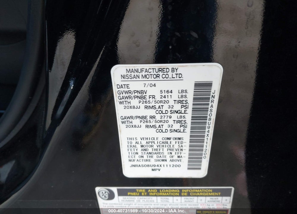 2004 INFINITI FX35 VIN: JNRAS08U94X111200