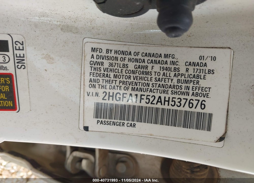 2010 HONDA CIVIC VIN: 2HGFA1F52AH537676