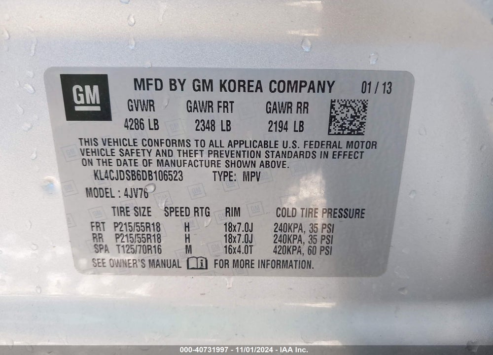 2013 BUICK ENCORE PREMIUM VIN: KL4CJDSB6DB106523